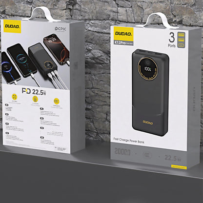 Externá batéria Dudao K12Pro, 20000mAh, 22.5W, QC + PD, 1 x USB-C - 2 x USB-A, Čierna