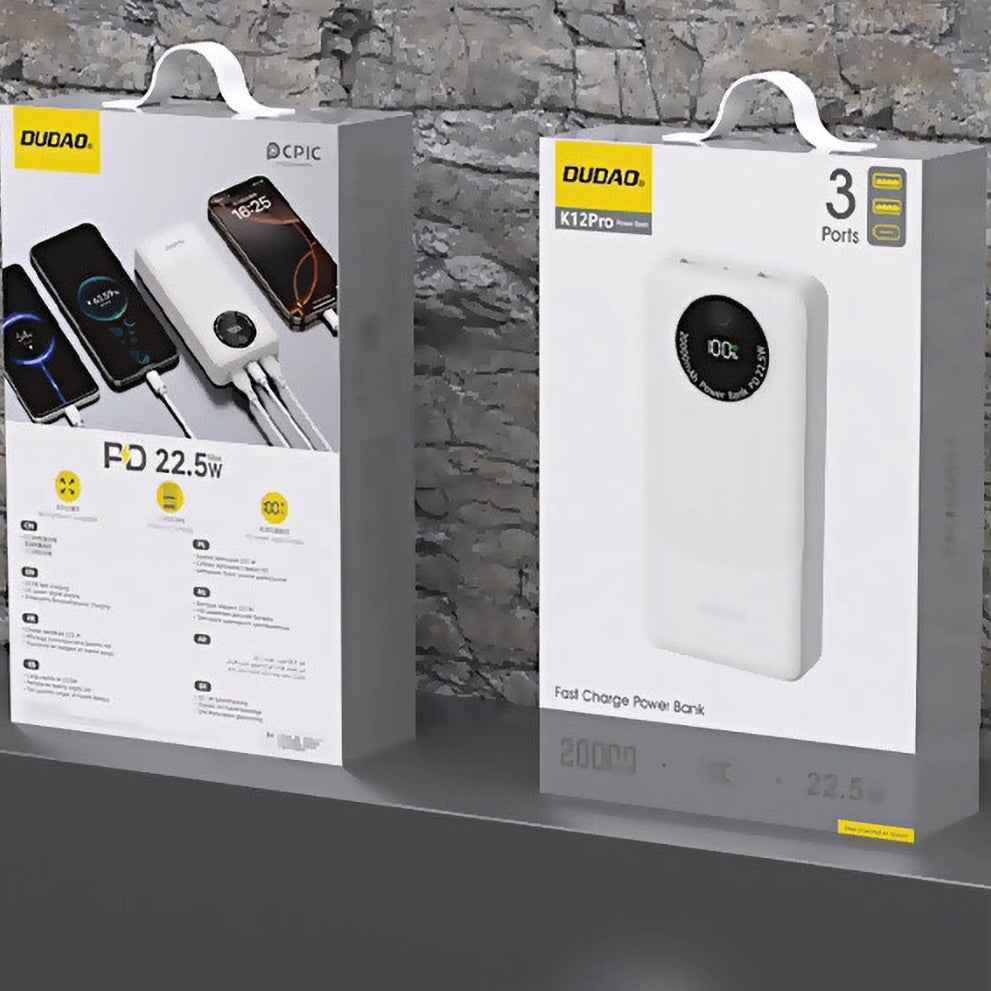 Externá batéria Dudao K12Pro, 20000mAh, 22.5W, QC + PD, 1 x USB-C - 2 x USB-A, Biela