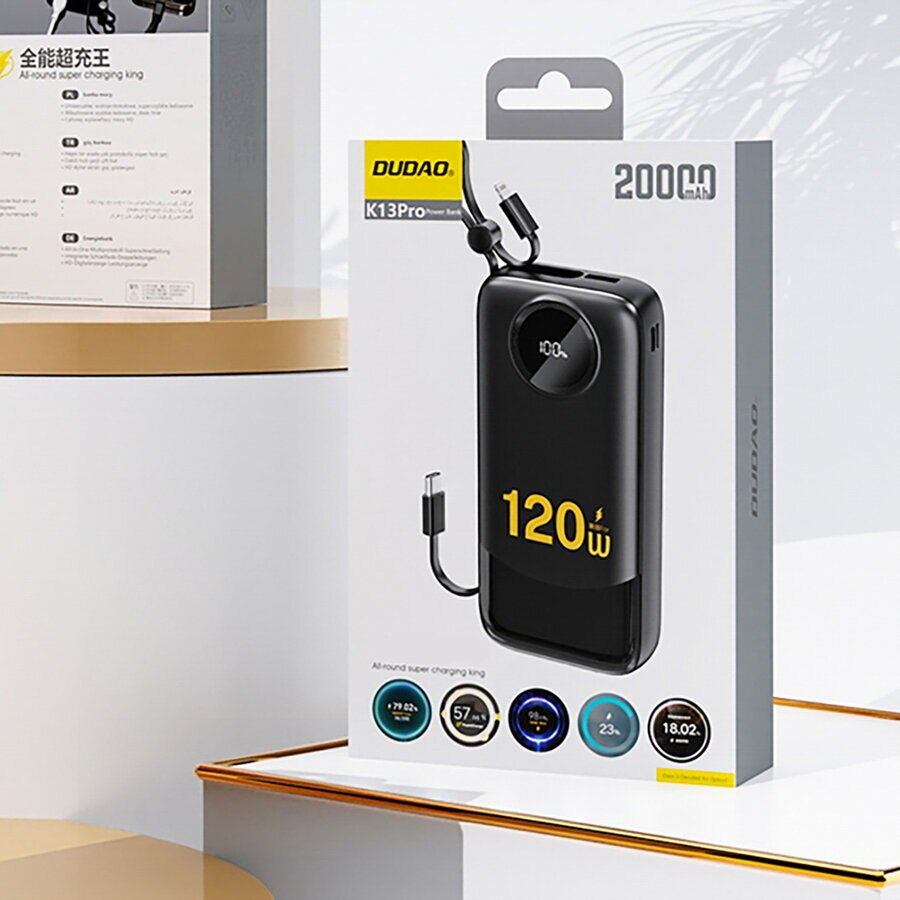 Externá batéria Dudao K13, 10000mAh, 22.5W, QC + PD, 1 x Lightning - 1 x USB-A - 2 x USB-C, Čierna