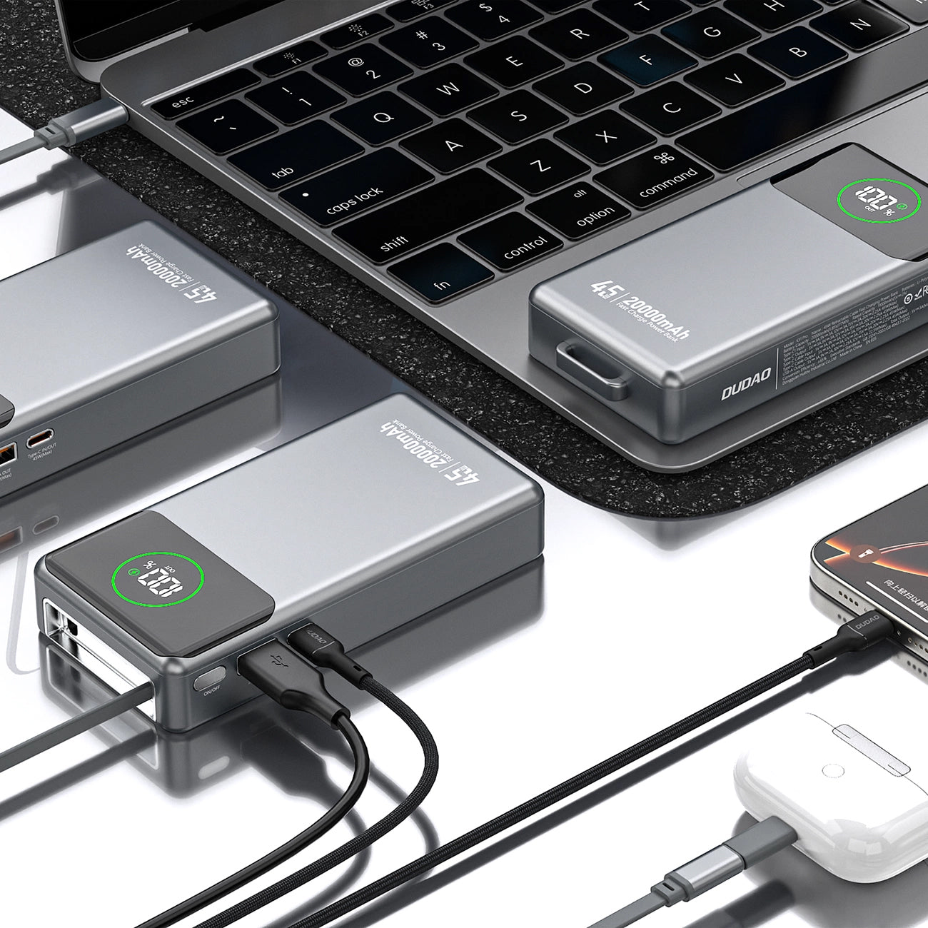 Externá batéria Dudao K31 Pro, 20000mAh, 45W, QC + PD, 1 x USB-A - 2 x USB-C, Sivá