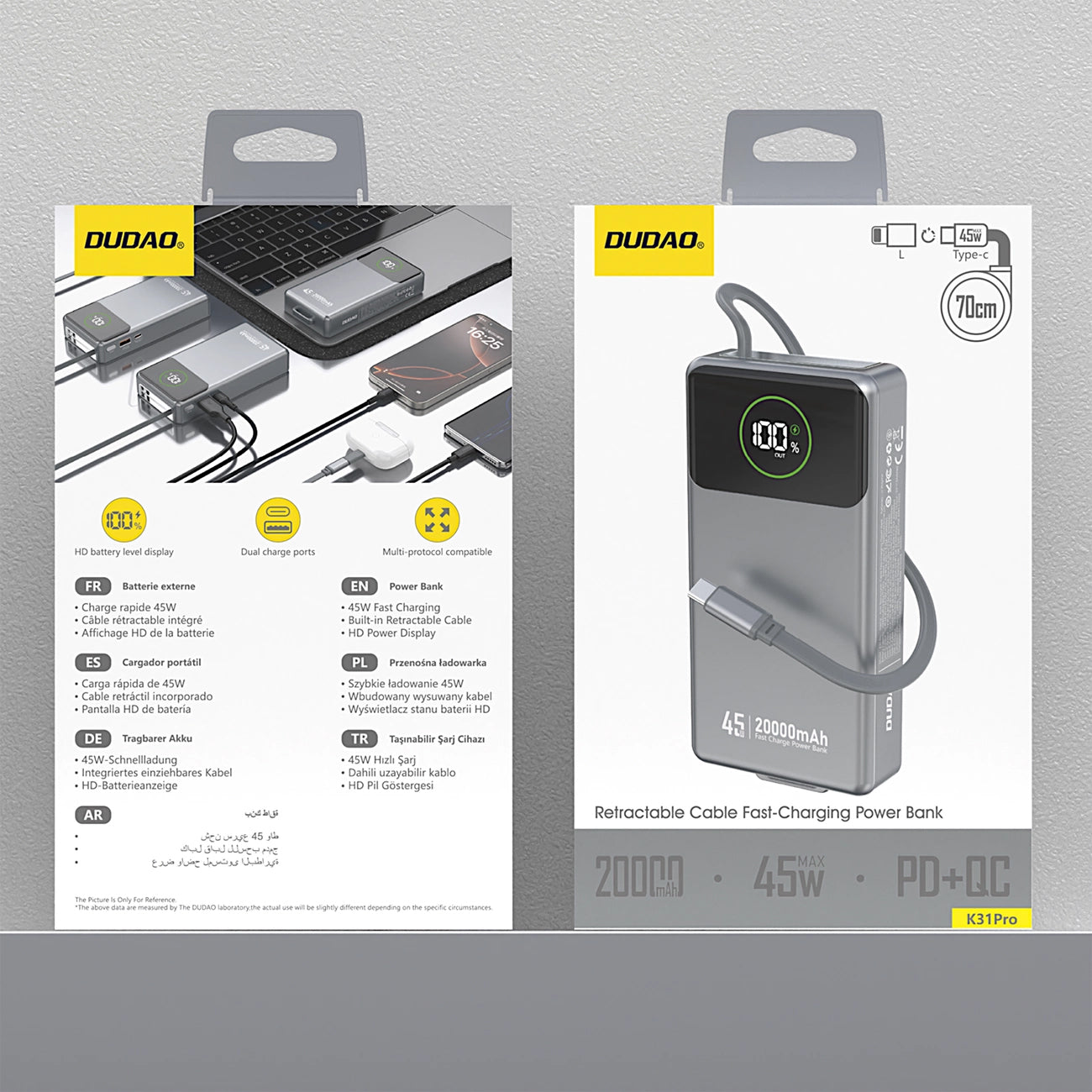 Externá batéria Dudao K31 Pro, 20000mAh, 45W, QC + PD, 1 x USB-A - 2 x USB-C, Sivá