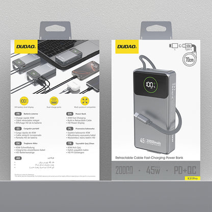 Externá batéria Dudao K31 Pro, 20000mAh, 45W, QC + PD, 1 x USB-A - 2 x USB-C, Sivá