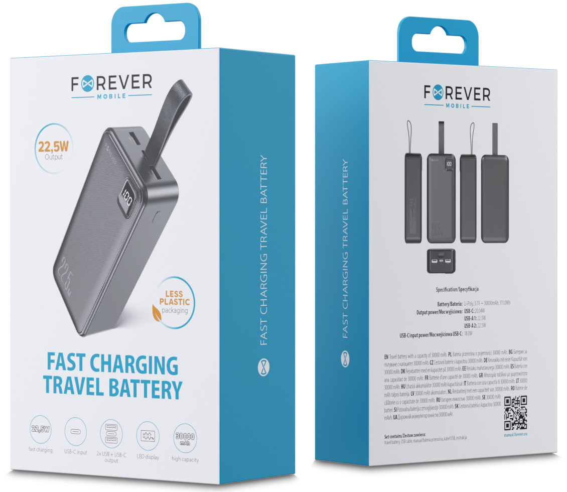 Externá batéria Forever TB-300XL, 30000 mAh, 22,5 W, QC + PD, 1 × USB-C – 2 × USB-A, čierna