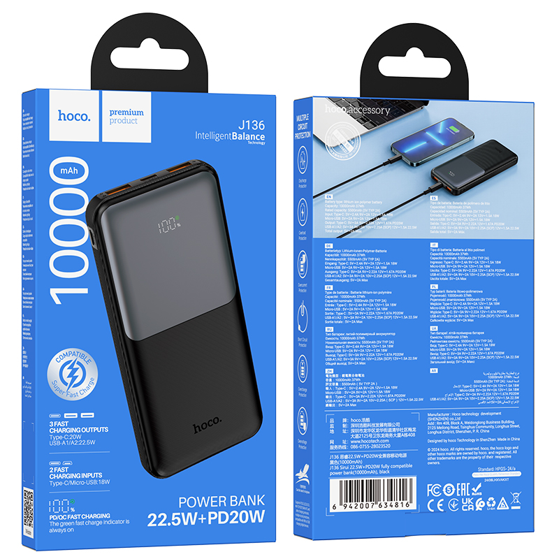 Externá batéria HOCO J136, 10000 mAh, 22,5 W, QC + PD, 1 × USB-C – 2 × USB-A, čierna