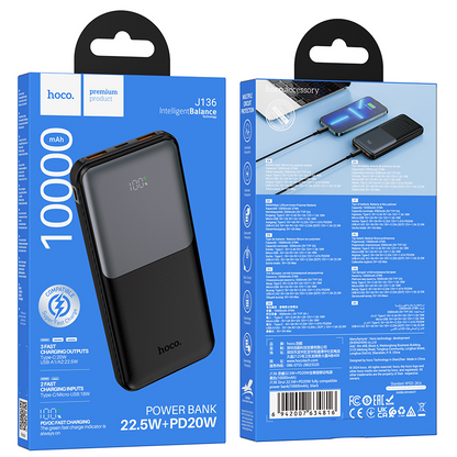 Externá batéria HOCO J136, 10000 mAh, 22,5 W, QC + PD, 1 × USB-C – 2 × USB-A, čierna