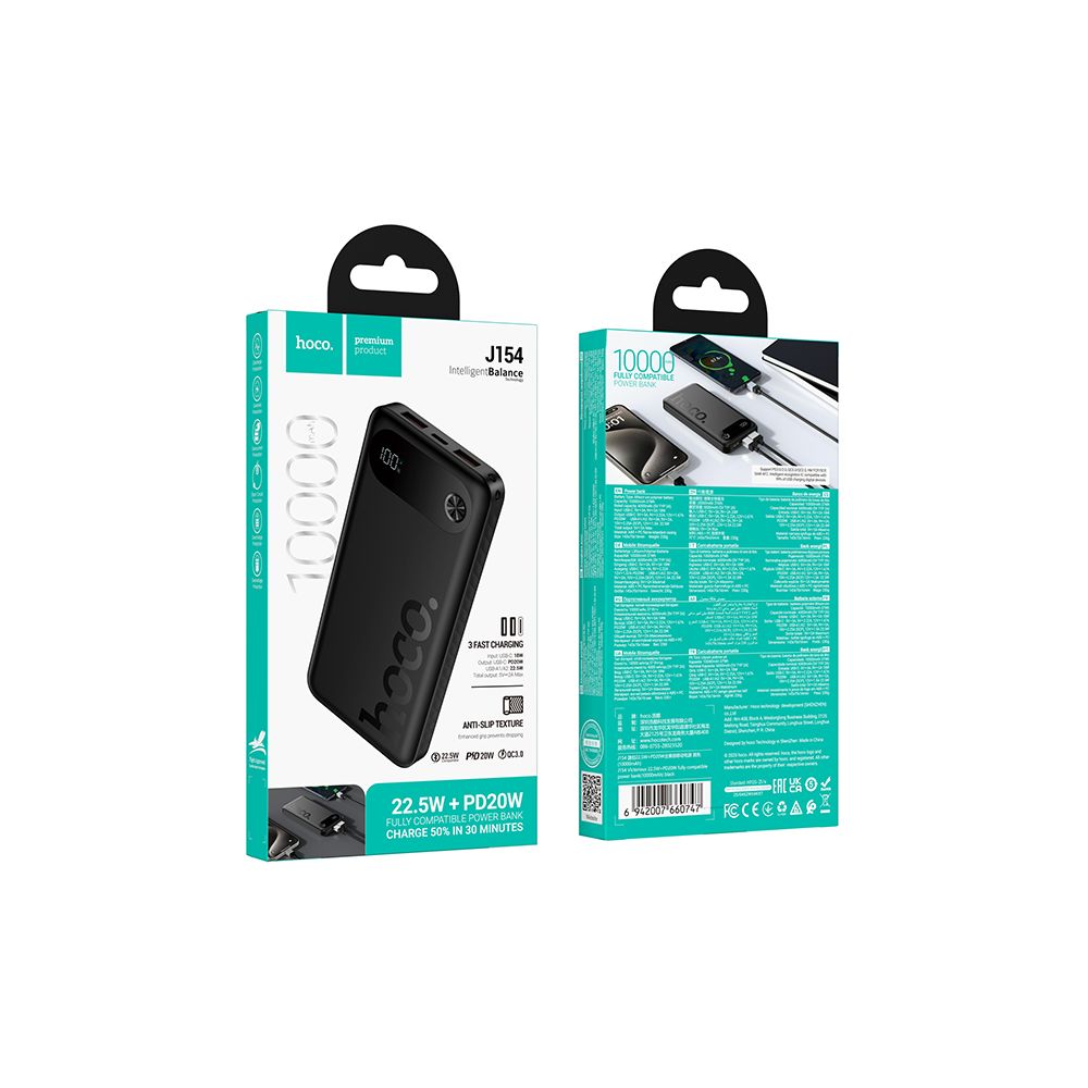 Externá batéria HOCO J154, 10000mAh, 22,5W, QC + PD, 1 x USB-C - 2 x USB-A, čierna