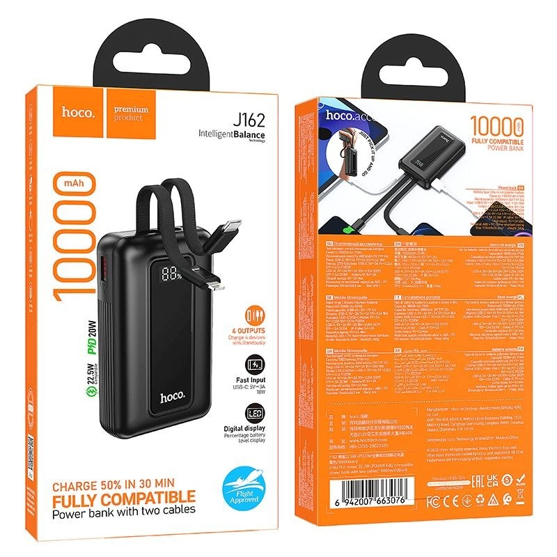 Externá batéria HOCO J162, 10000mAh, 22.5W, QC + PD, 1 x Lightning - 1 x USB-A - 2 x USB-C, Čierna