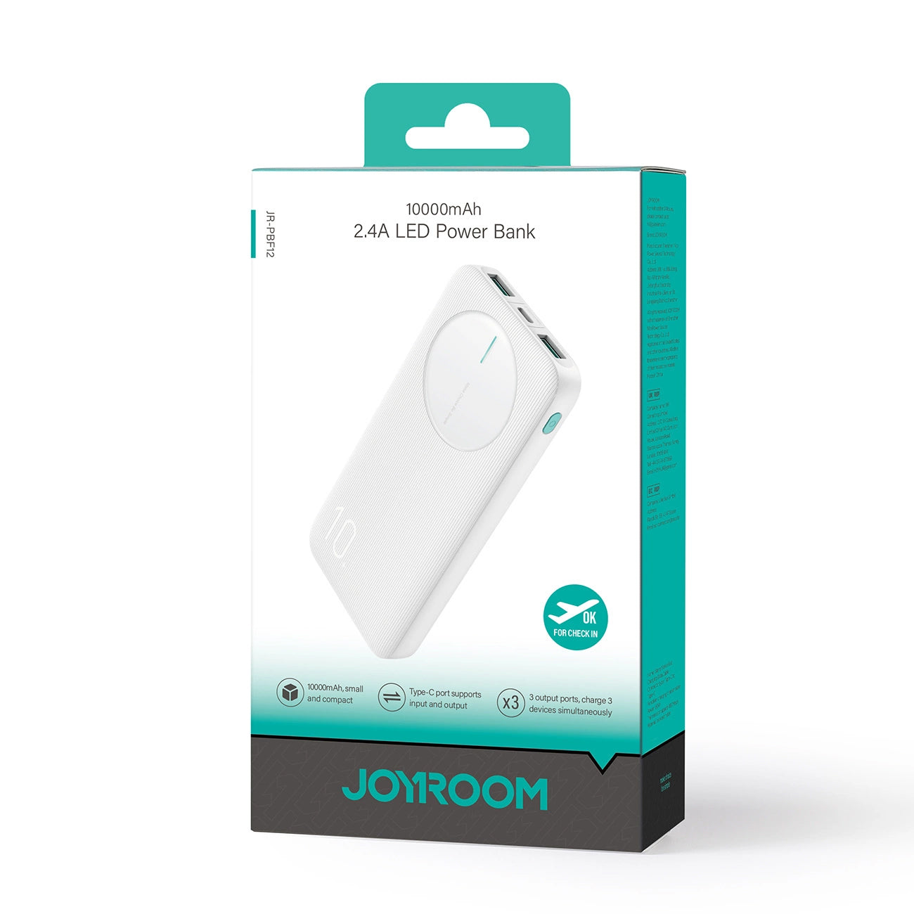 Externá batéria Joyroom JR-PBF12, 10000mAh, 12W, 1 x USB-C - 2 x USB-A, Biela