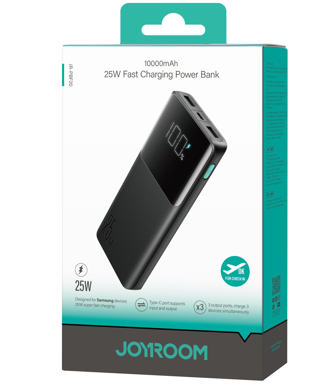Externá batéria Joyroom JR-PBF20, 10000mAh, 25W, QC + PD, 1 x USB-C - 2 x USB-A, Čierna