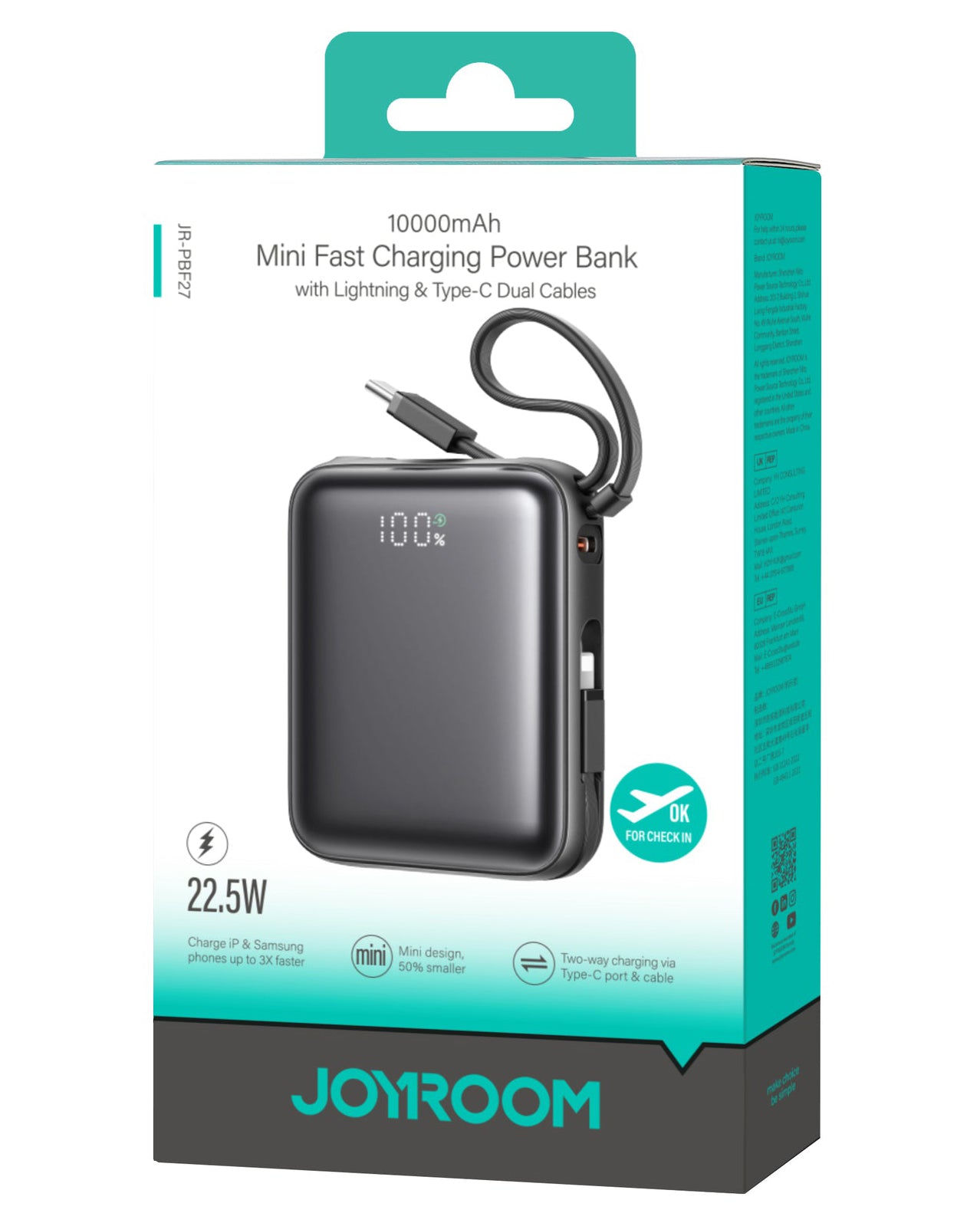 Externá batéria Joyroom JR-PBF27, 10000mAh, 22.5W, QC + PD, 1 x Lightning - 2 x USB-C, Čierna