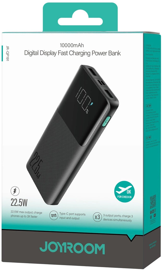 Externá batéria Joyroom JR-QP191, 10000mAh, 22.5W, QC + PD, 1 x USB-C - 2 x USB-A, Čierna