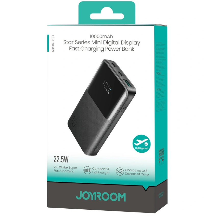 Externá batéria Joyroom JR-QP191, 10000mAh, 22.5W, QC + PD, 1 x USB-A - 2 x USB-C, Čierna