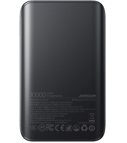 Externá batéria Joyroom JR-QP191, 10000mAh, 22.5W, QC + PD, 1 x USB-A - 2 x USB-C, Čierna