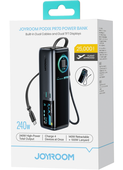 Externá batéria Joyroom PODIX PR70, 25000 mAh, 240 W, QC + PD, 1 × USB-A – 3 × USB-C, čierna