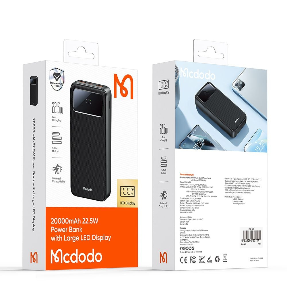 Externá batéria McDodo MC-4230, 20000mAh, 22.5W, QC + PD, 2 x USB-A - 1 x USB-C, Čierna