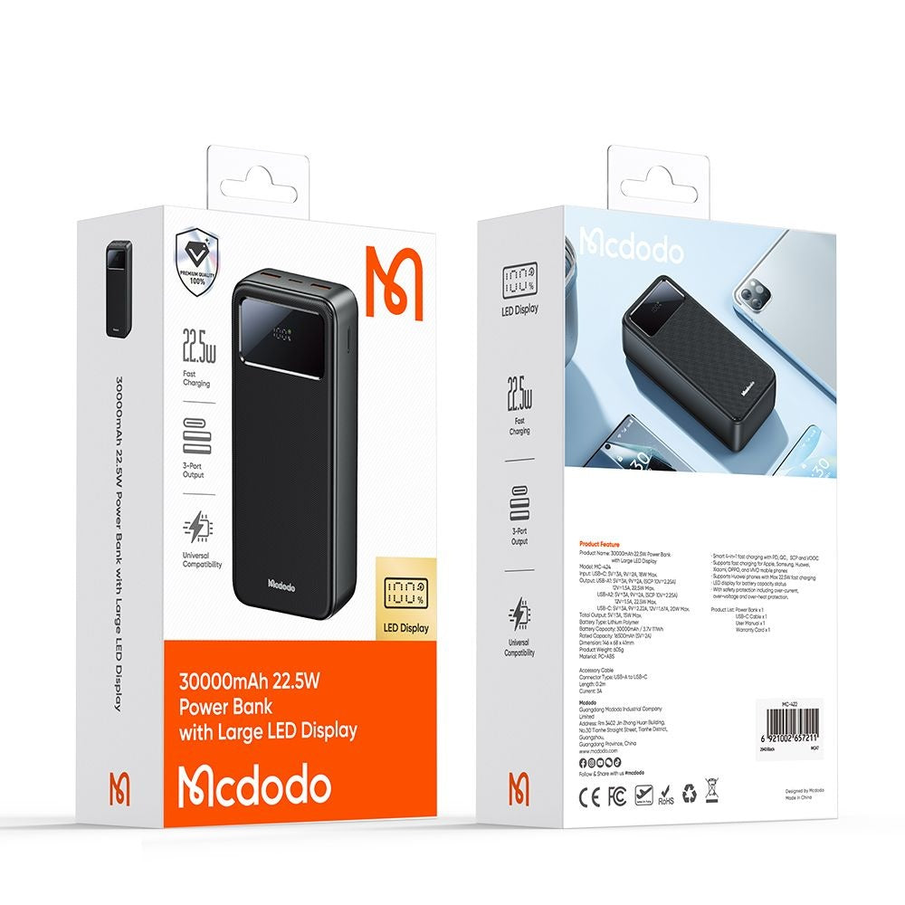 Externá batéria McDodo MC-4240, 30000mAh, 22.5W, QC + PD, 2 x USB-A - 1 x USB-C, Čierna