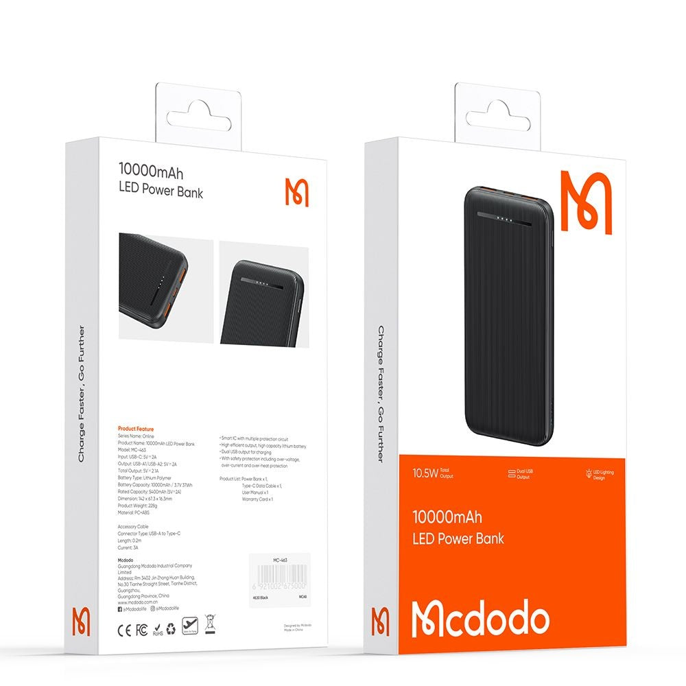Externá batéria McDodo MC-4631 Online, 10000mAh, 10W, 2 x USB-A - 1 x USB-C, Čierna