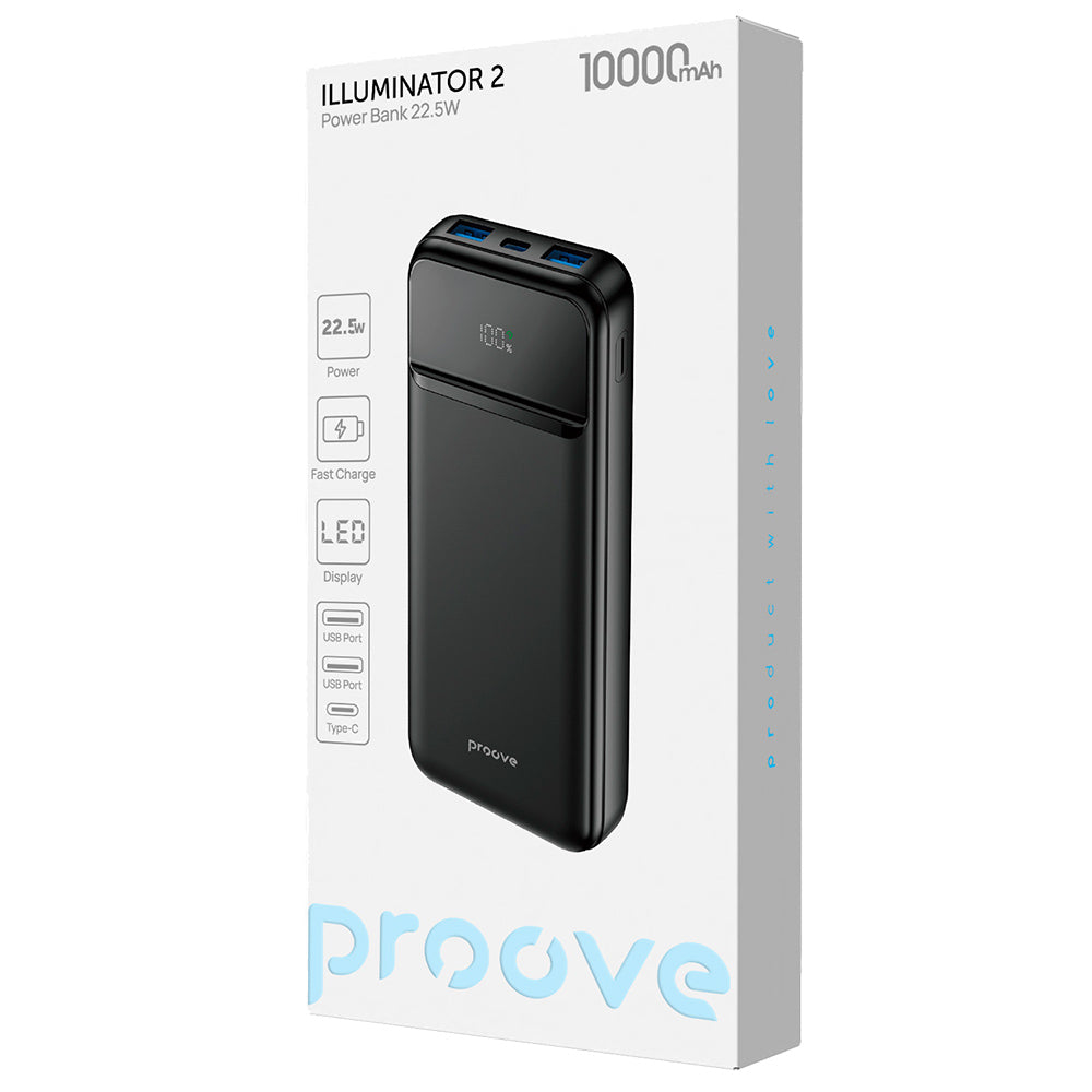 Externá batéria Proove Illuminator 2, 10000mAh, 22.5W, QC + PD, 2 x USB-A - 1 x USB-C, Čierna PBIP10212201