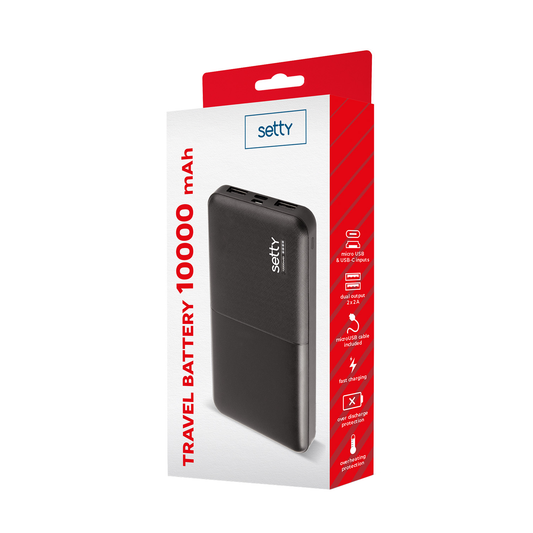 Externá batéria Setty, 10000mAh, 10W, 2 x USB-A, Čierna