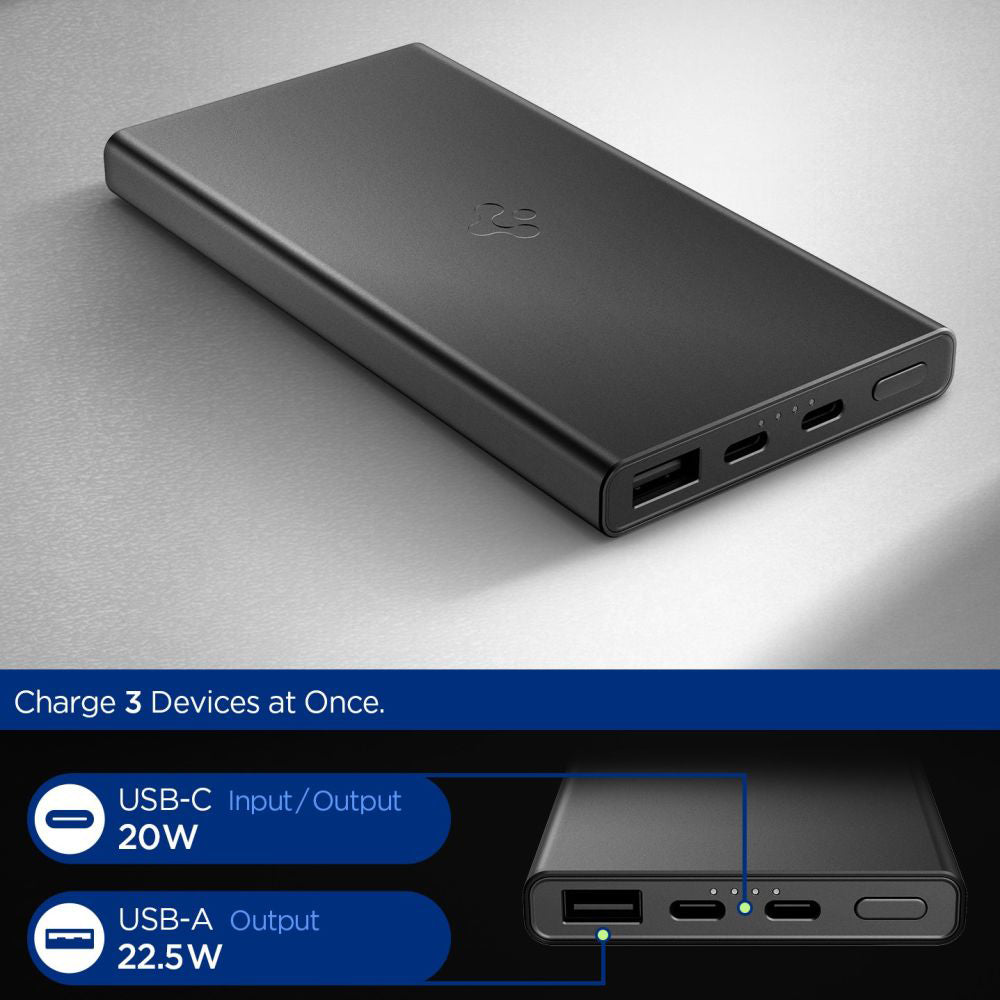 Externá batéria Spigen Essential, 10000mAh, 22.5W, QC + PD, 1 x USB-A - 2 x USB-C, Čierna