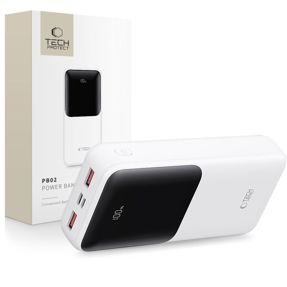 Externá batéria Tech-Protect PB02, 20000mAh, 22.5W, QC + PD, 1 x USB-C - 2 x USB-A, Biela