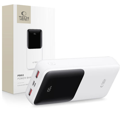 Externá batéria Tech-Protect PB02, 20000mAh, 22.5W, QC + PD, 1 x USB-C - 2 x USB-A, Biela