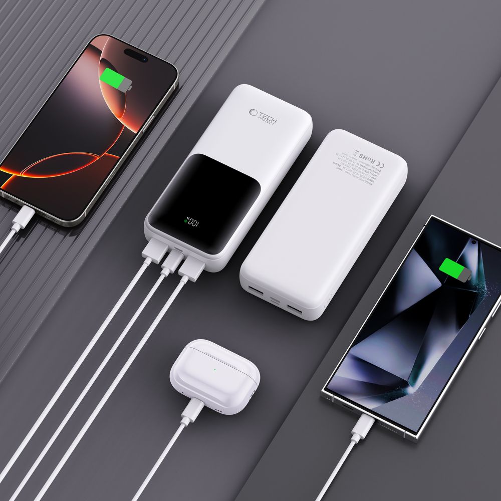 Externá batéria Tech-Protect PB02, 20000mAh, 22.5W, QC + PD, 1 x USB-C - 2 x USB-A, Biela