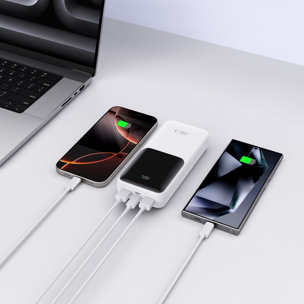 Externá batéria Tech-Protect PB02, 20000mAh, 22.5W, QC + PD, 1 x USB-C - 2 x USB-A, Biela