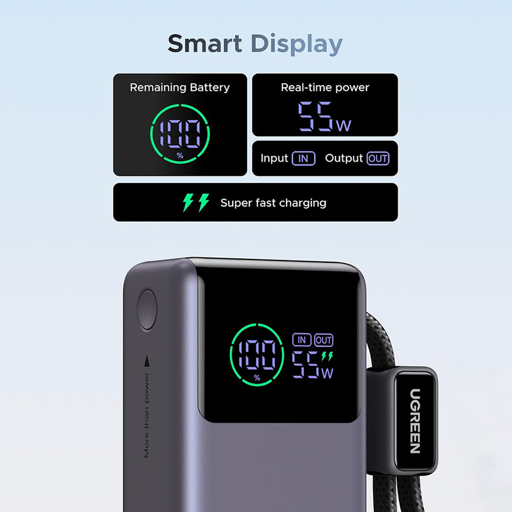 Externá batéria UGREEN Nexode Pro PB727 (85301B), 10000mAh, 55W, QC + PD, 1 x USB-A - 2 x USB-C, Sivá