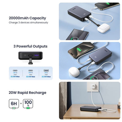 Externá batéria UGREEN PB505, 20000mAh, 22.5W, QC + PD, 1 x USB-A - 2 x USB-C, Sivá