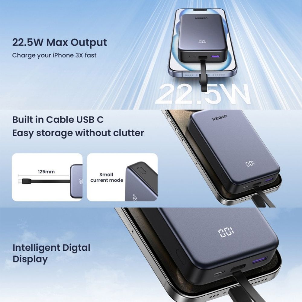 Externá batéria UGREEN PB505, 20000mAh, 22.5W, QC + PD, 1 x USB-A - 2 x USB-C, Sivá