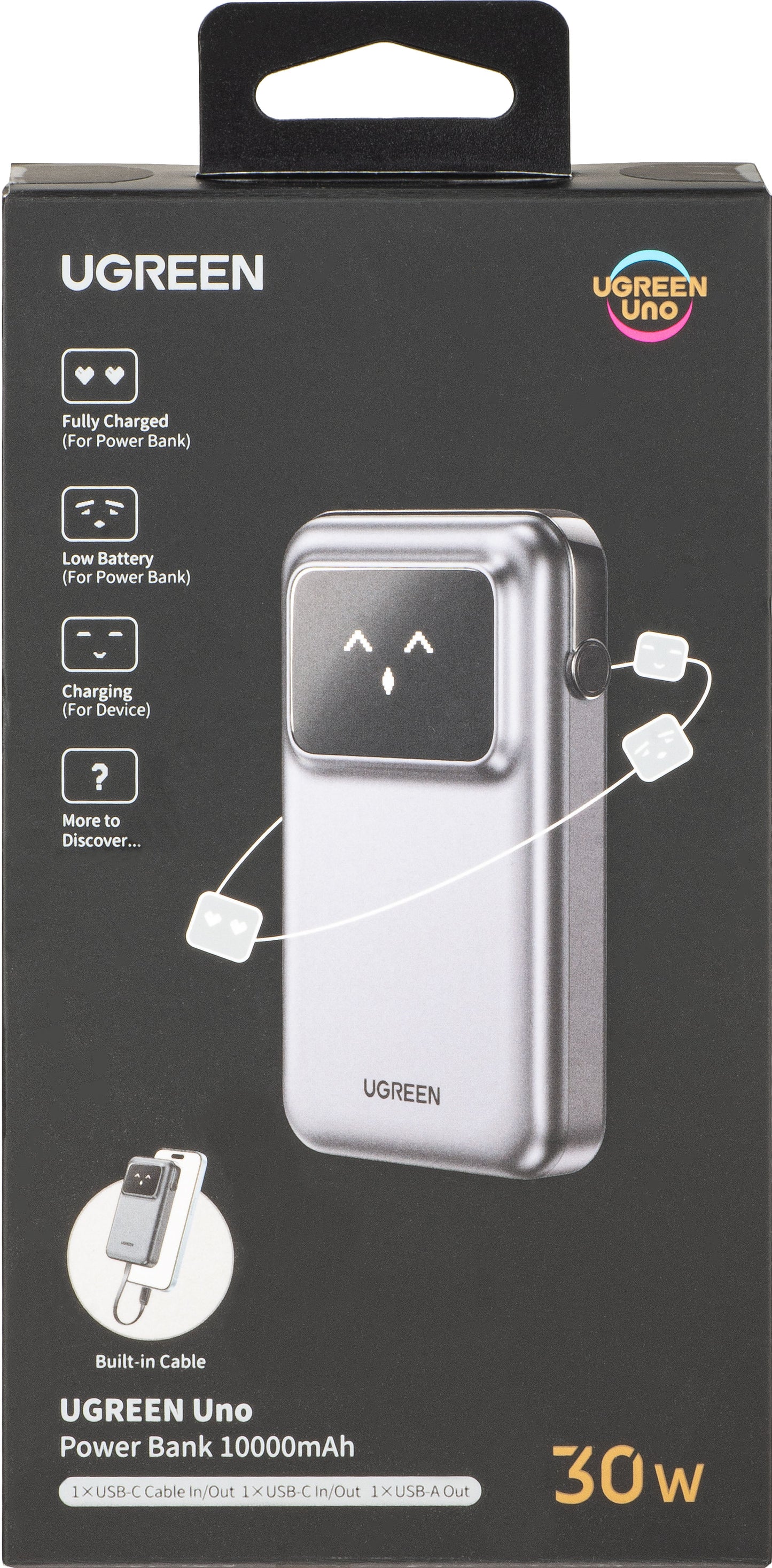 Externá batéria UGREEN PB511 Uno, 10000mAh, 30W, QC + PD, 1 x USB-A - 2 x USB-C, Sivá