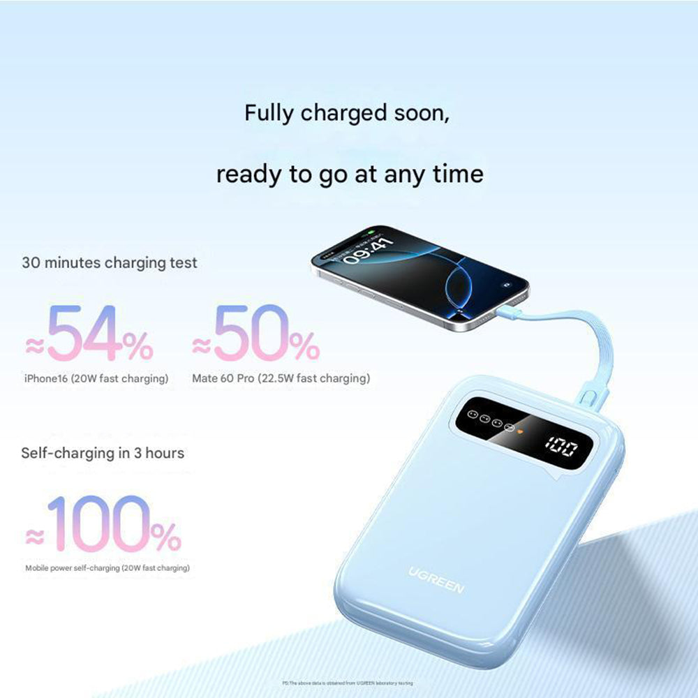Externá batéria UGREEN PB522, 10000mAh, 20W, QC + PD, 1 x USB-A - 1 x USB-C, Modrá