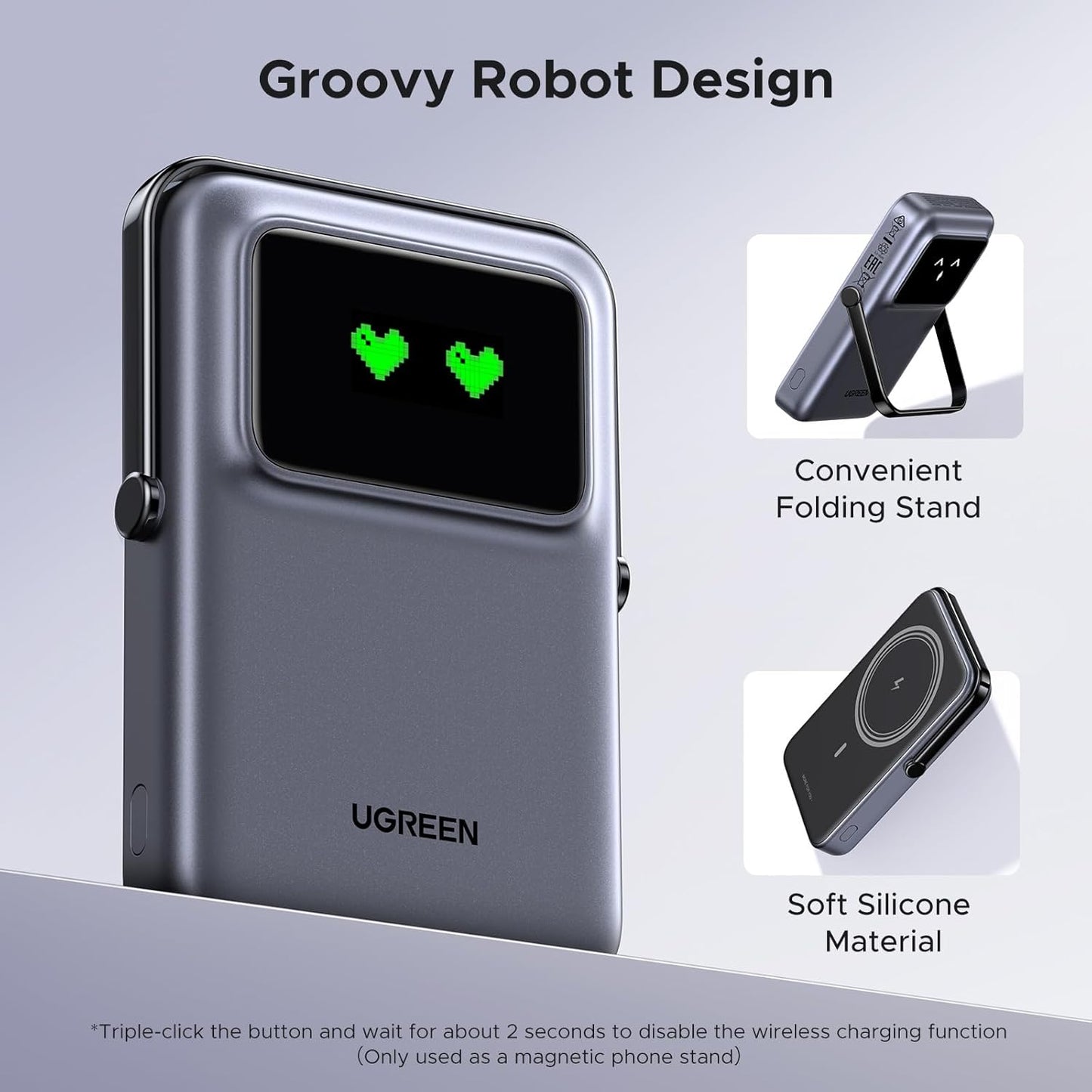 Externá bezdrôtová batéria UGREEN PB572 Uno, 10000mAh, 20W, PD + FQI, 1 x QI - 1 x USB-C, Sivá