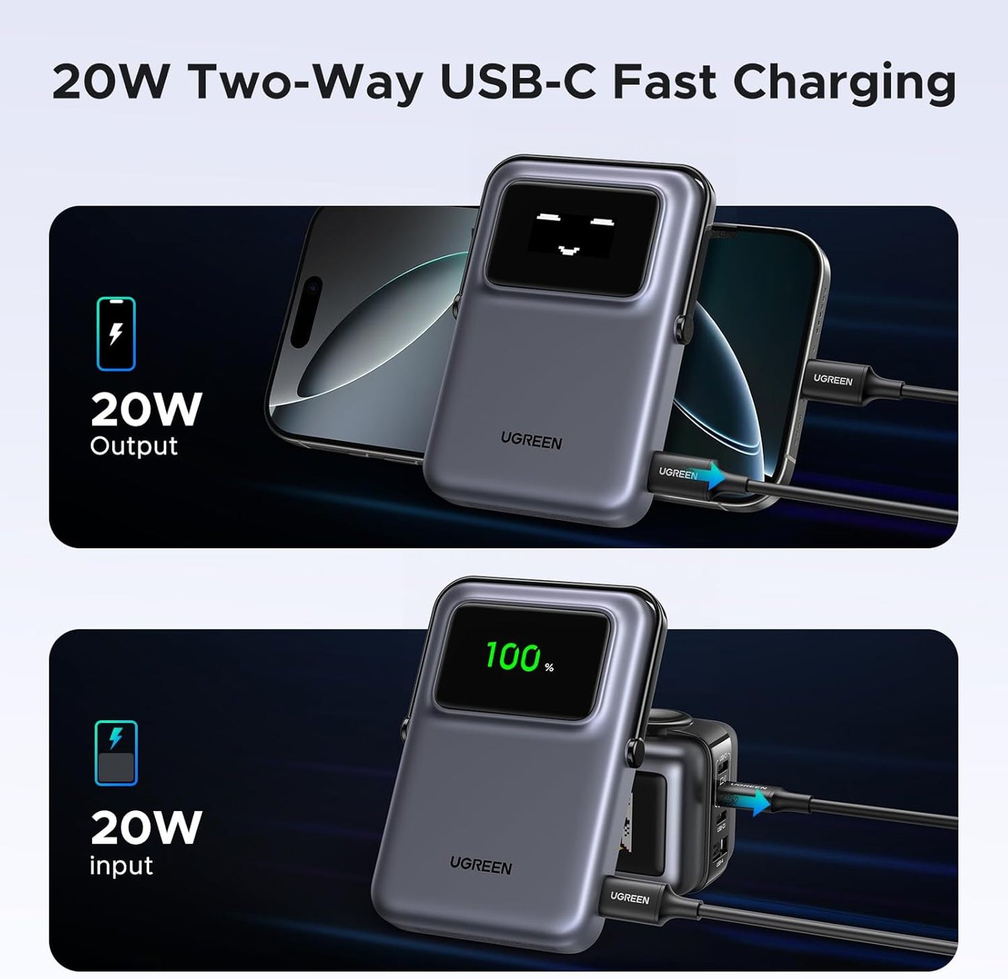 Externá bezdrôtová batéria UGREEN PB572 Uno, 10000mAh, 20W, PD + FQI, 1 x QI - 1 x USB-C, Sivá