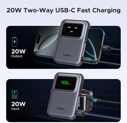 Externá bezdrôtová batéria UGREEN PB572 Uno, 10000mAh, 20W, PD + FQI, 1 x QI - 1 x USB-C, Sivá