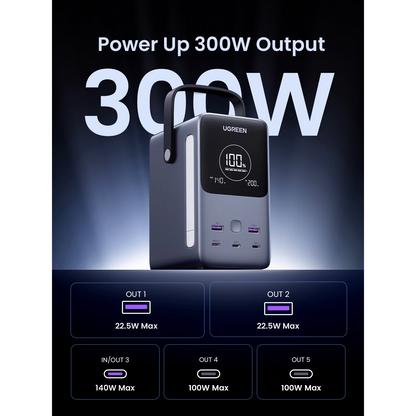 Externá batéria UGREEN PB770, 48000mAh, 300W, QC + PD, 2 x USB-A - 3 x USB-C, Sivá, Znovu zabalená