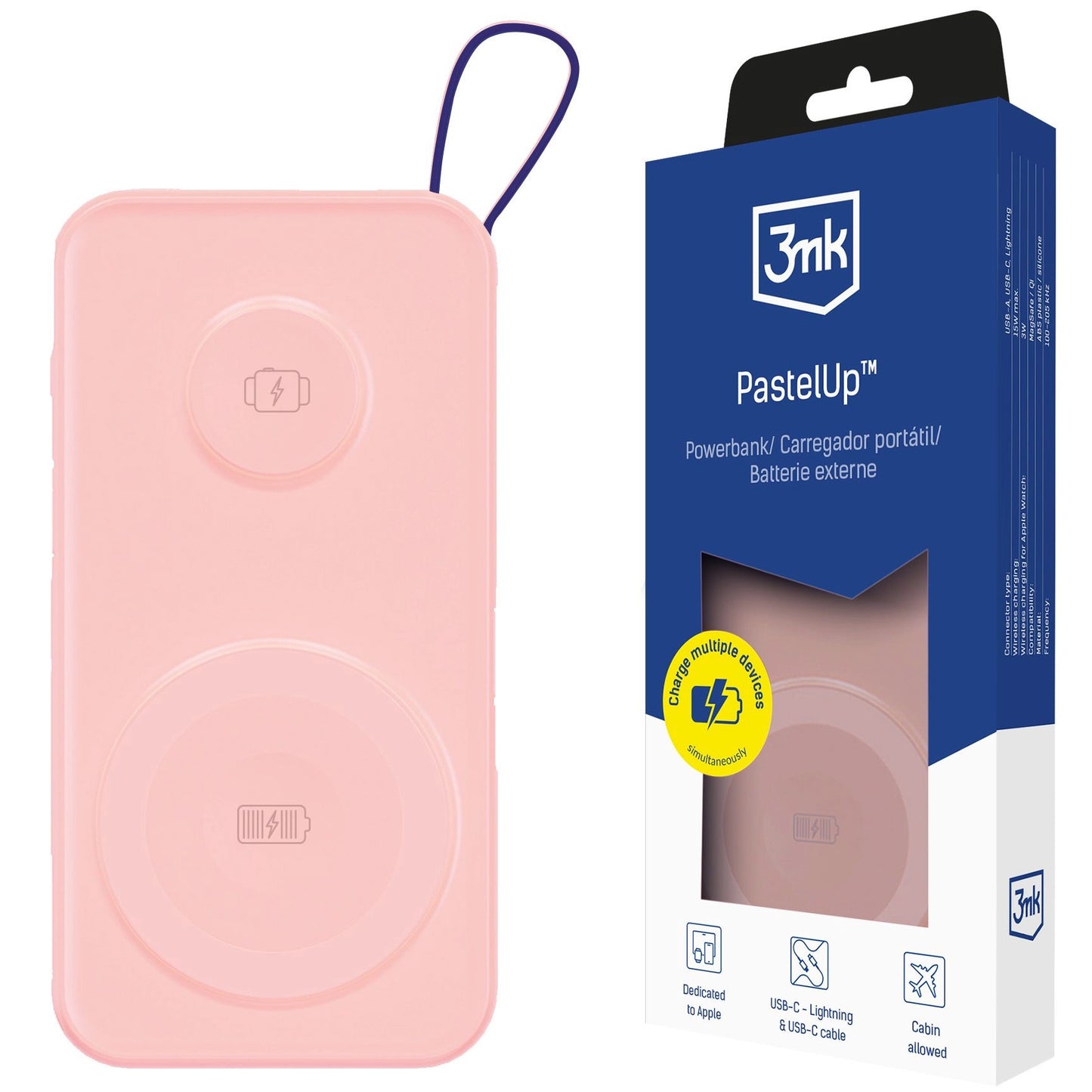 Externá bezdrôtová batéria 3MK PastelUp, 10000mAh, 22.5W, QC + PD + FQI, 1 x USB-A - 1 x USB-C - 2 x QI, Ružová