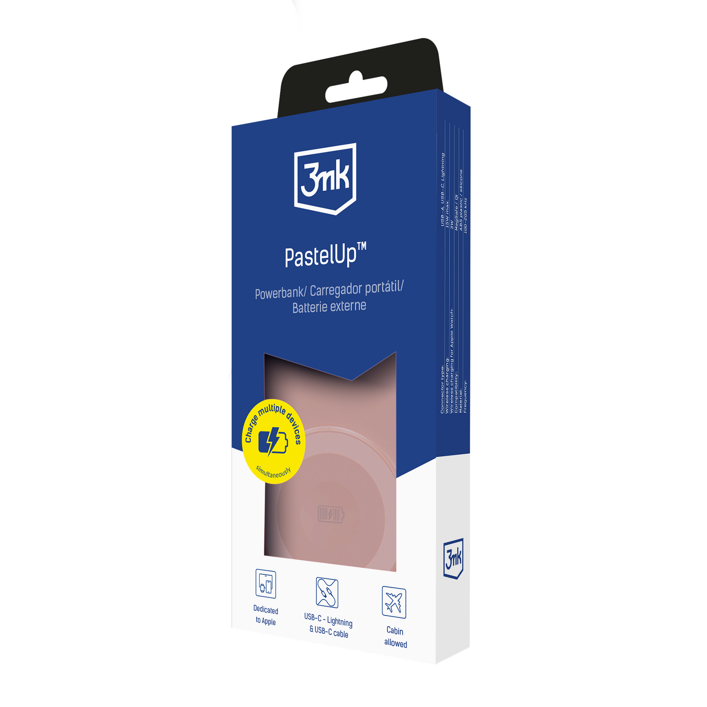Externá bezdrôtová batéria 3MK PastelUp, 10000mAh, 22.5W, QC + PD + FQI, 1 x USB-A - 1 x USB-C - 2 x QI, Ružová