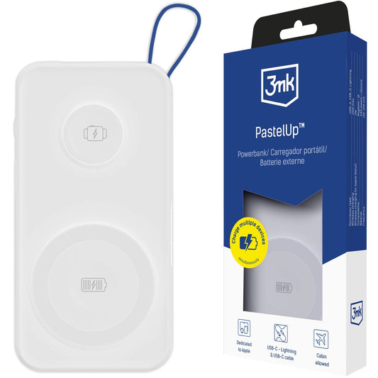Externá bezdrôtová batéria 3MK PastelUp, 10000mAh, 22.5W, QC + PD + FQI, 1 x USB-A - 1 x USB-C - 2 x QI, Biela
