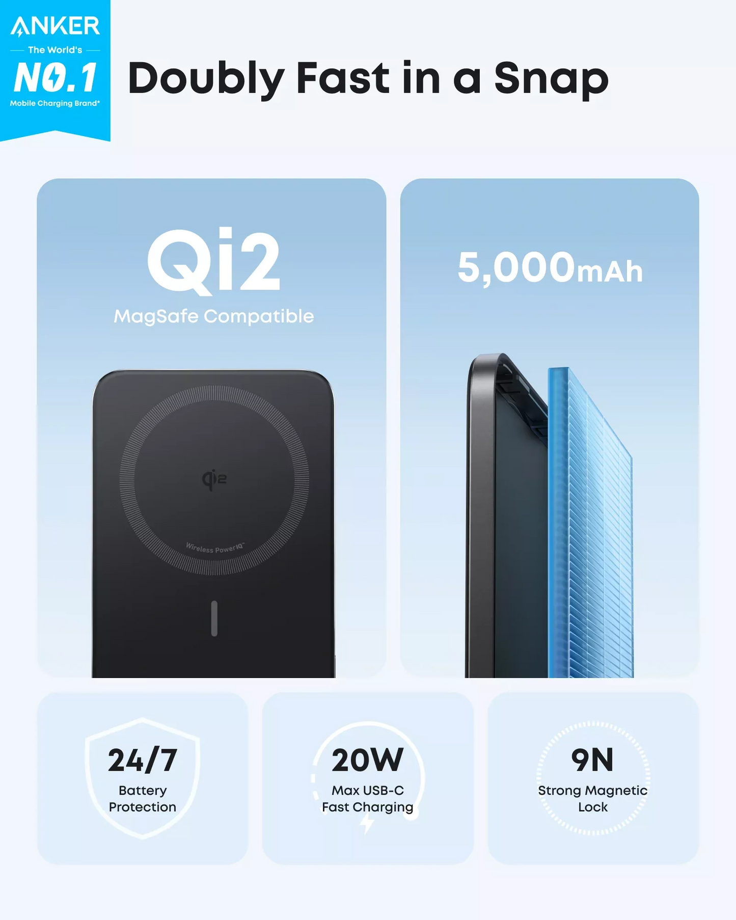 Bezdrôtová externá batéria Anker Nano, 5000mAh, 20W, PD + FQI, 1 x QI - 1 x USB-C, čierna A1665H11