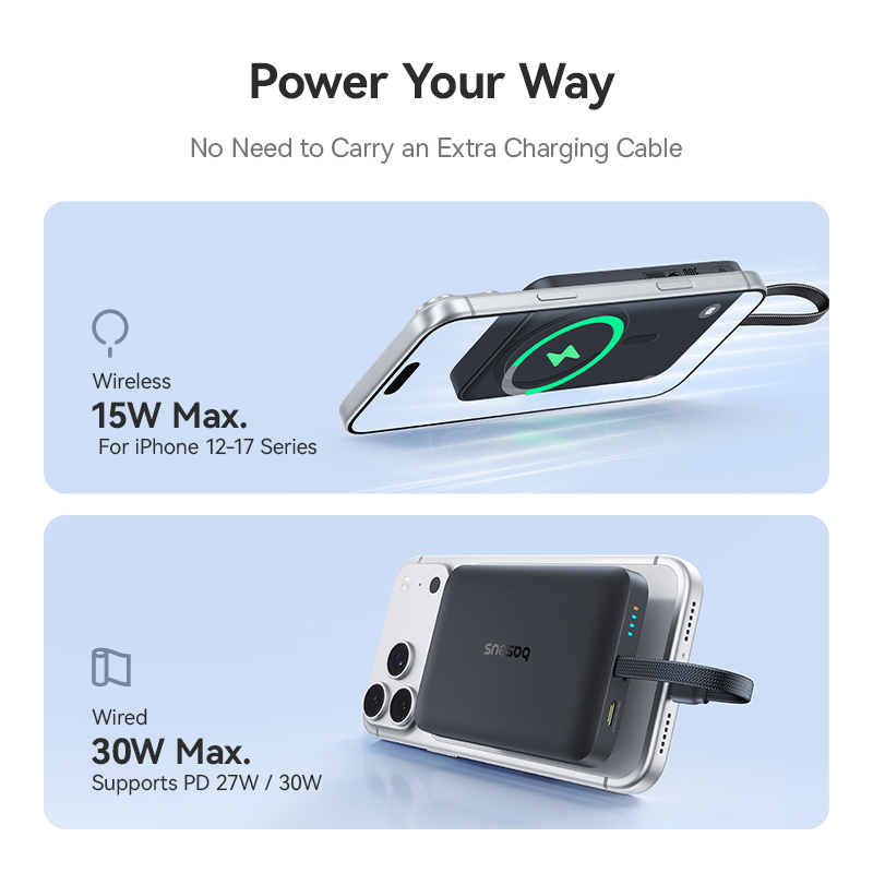 Bezdrôtová externá batéria Baseus EnerFill FM11, 10000 mAh, 30 W, PD + FQI, 1 × QI – 2 × USB-C, čierna E0028904