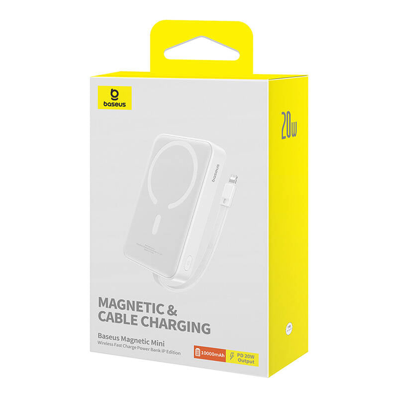 Externá bezdrôtová batéria Baseus Magnetic Mini, 10000mAh, 20W, PD + FQI, 1 x Lightning - 1 x QI - 1 x USB-C, Biela P10022109223-00