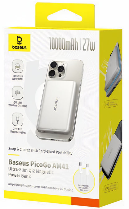 Externá bezdrôtová batéria Baseus PicoGo AM41, 10000mAh, 27W, PD + FQI, 1 x QI - 1 x USB-C, Béžová E0027203