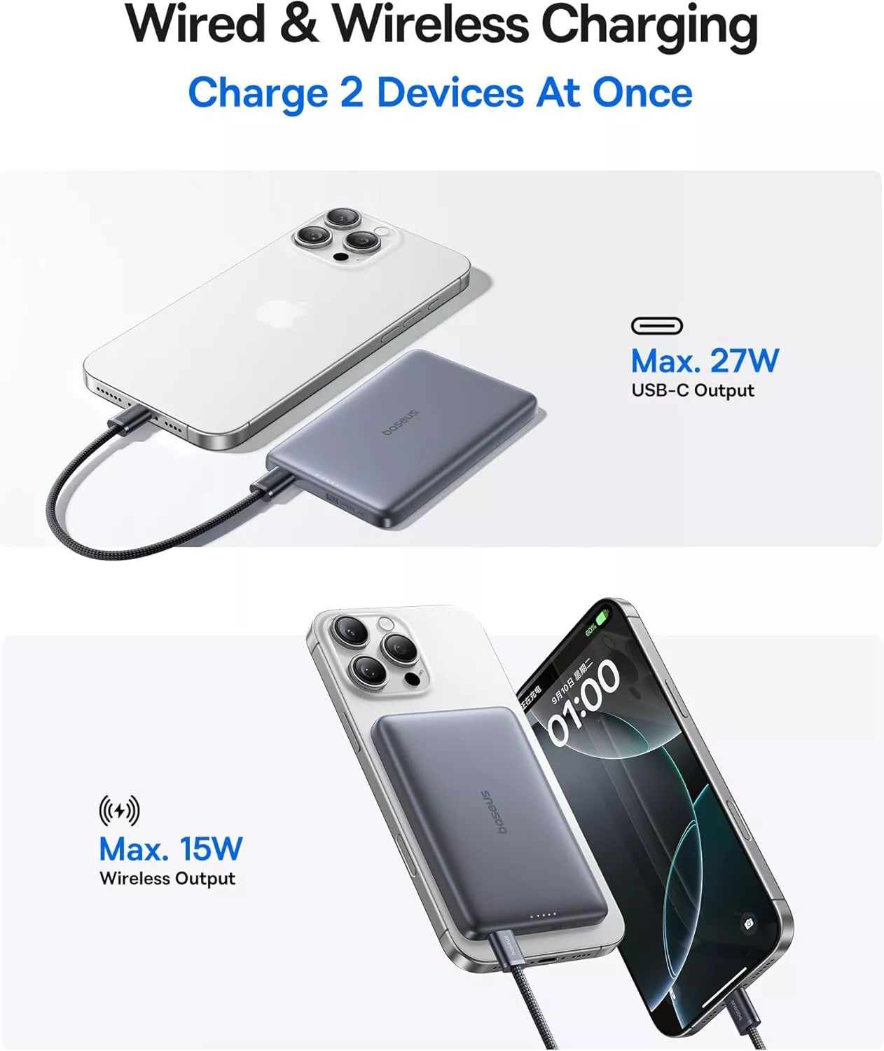 Externá bezdrôtová batéria Baseus PicoGo AM41, 10000mAh, 27W, PD + FQI, 1 x QI - 1 x USB-C, Sivá E0027200