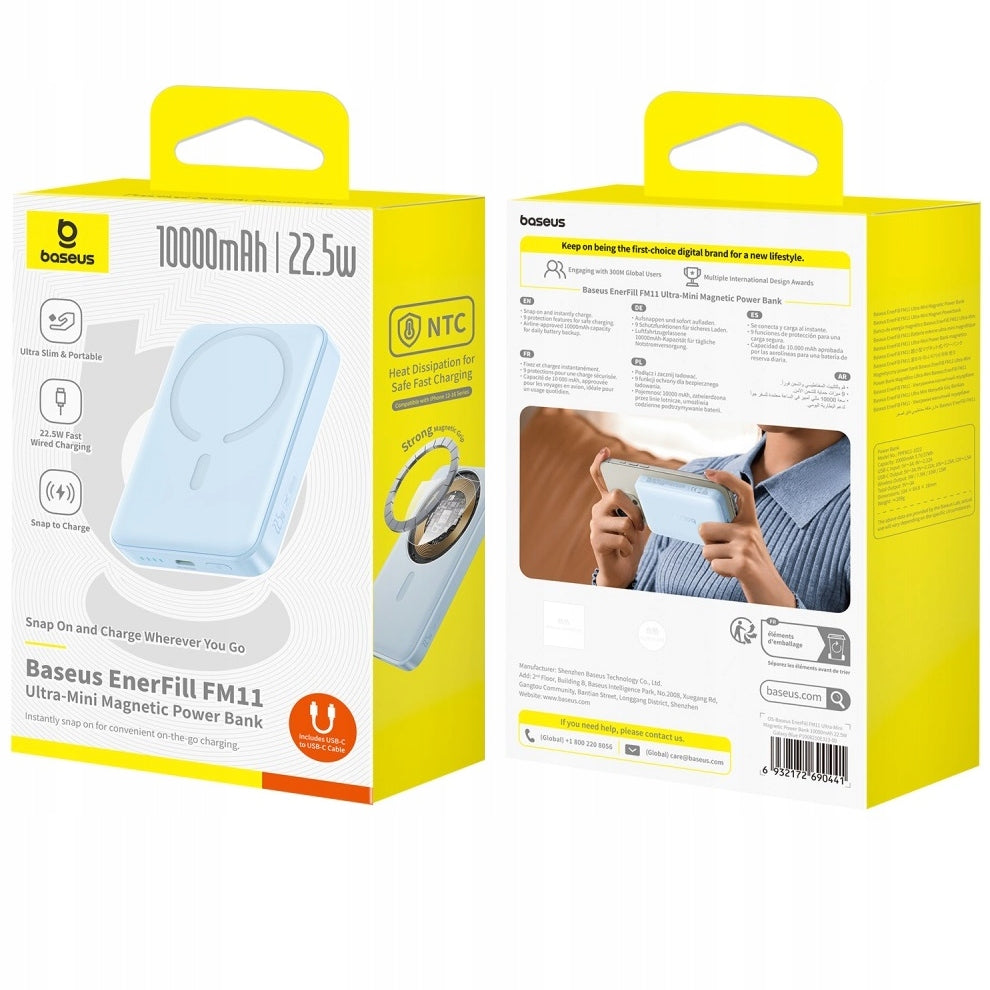 Bezdrôtová externá batéria Baseus EnerFill FM11 Ultra-Mini, 10000mAh, 22,5W, PD + FQI, 1 x QI - 1 x USB-C, modrá P1008210E313-00