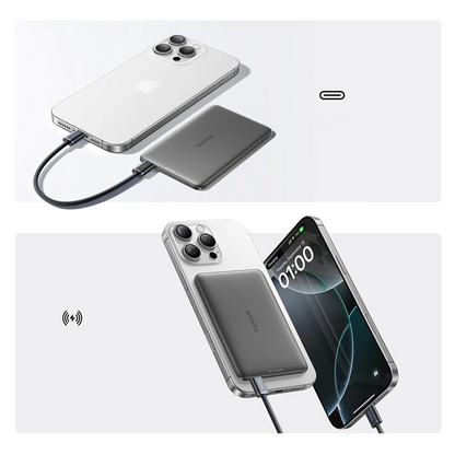 Externá bezdrôtová batéria Baseus PicoGo AM41, 5000mAh, 20W, PD + FQI, 1 x QI - 1 x USB-C, Čierna