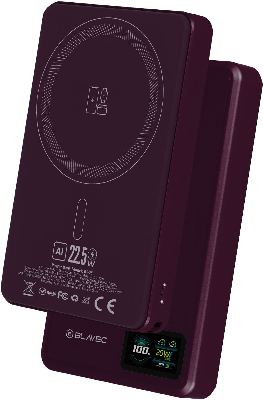 Bezdrôtová powerbanka Blavec BJ-03 Slim, 10000 mAh, 22,5 W, PD + FQI, 1 × QI – 1 × USB-C, fialová