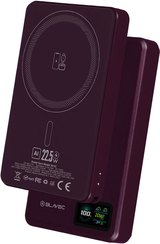 Bezdrôtová powerbanka Blavec BJ-03 Slim, 10000 mAh, 22,5 W, PD + FQI, 1 × QI – 1 × USB-C, fialová