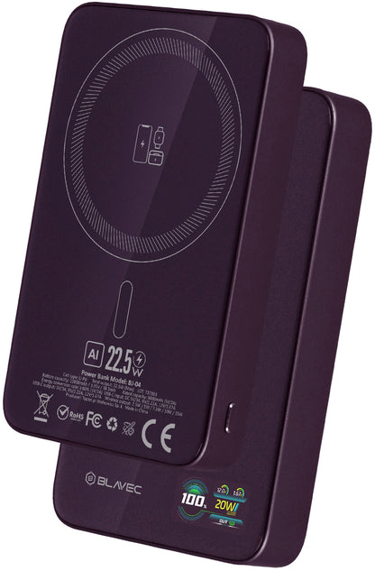 Bezdrôtová externá batéria Blavec BJ-04 Slim, 10000 mAh, 22,5 W, PD + FQI, 1 × QI – 1 × USB-C, fialová